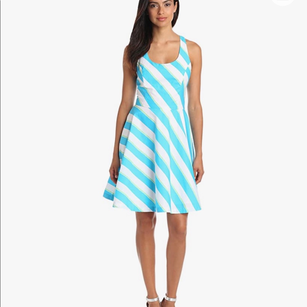 Lilly Pulitzer Aqua and White Diagonal Stripe Fit-and-Flare Dress